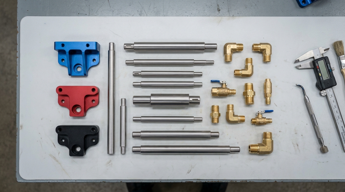 Finished machined parts laid out on a precision CNC workbench