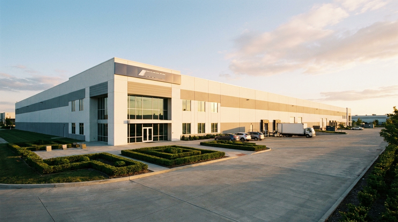 Wide exterior view of the HongChen CNC precision machining factory at golden hour